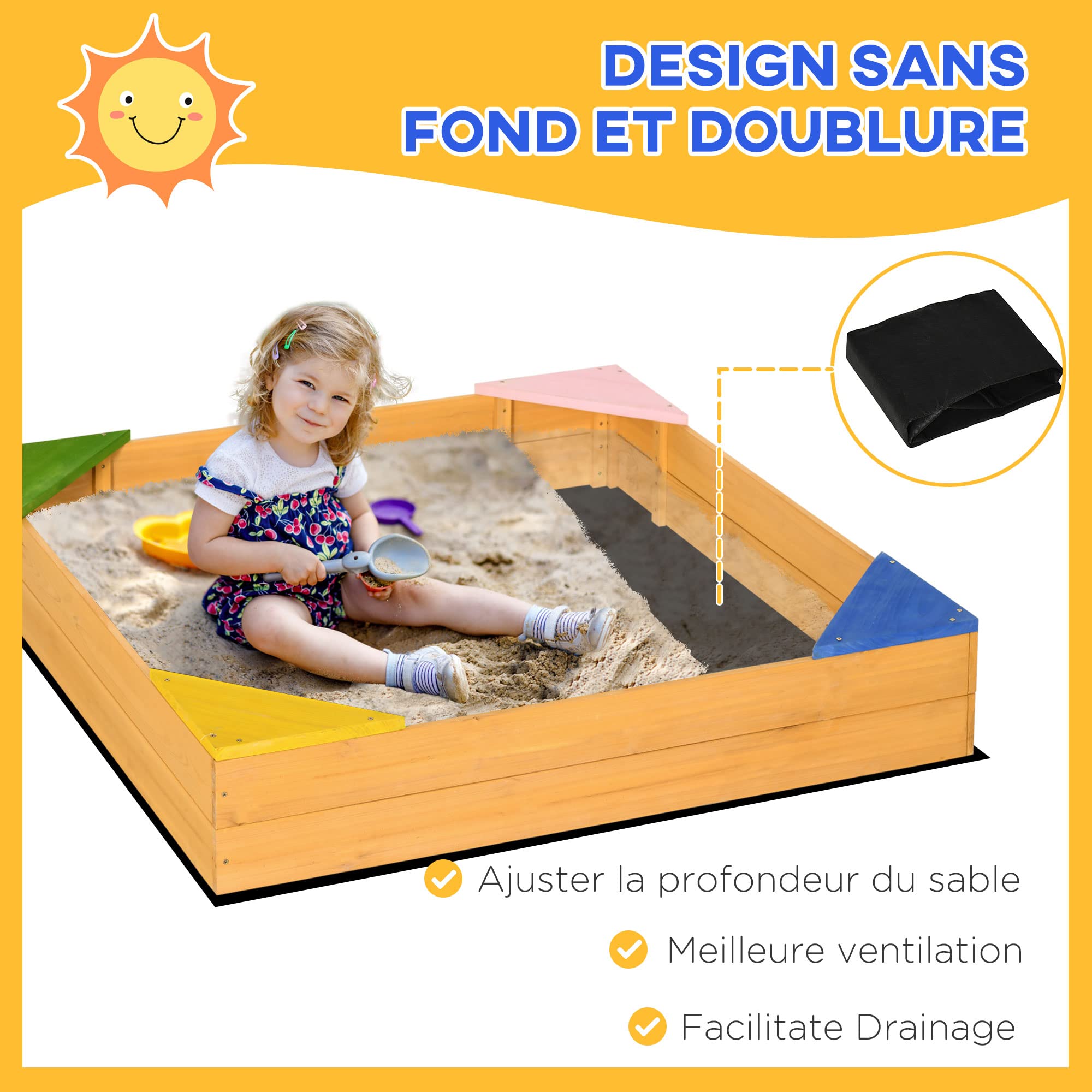 Outsunny Bac à Sable carré en Bois pour Enfants 109 x 109 x 19,8 cm | 4 sièges d'angle, film protecteur, bois naturel