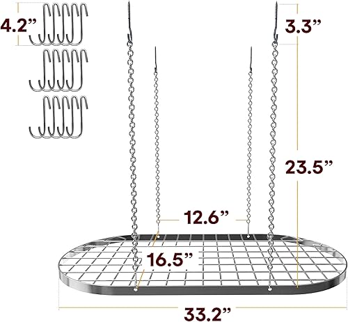 Miniatura 6 de Vdomus Estante colgante para ollas, organizador de cocina de montaje en techo para ollas y sartenes con 15 ganchos, 33 x 17 pulgadas, resistente,