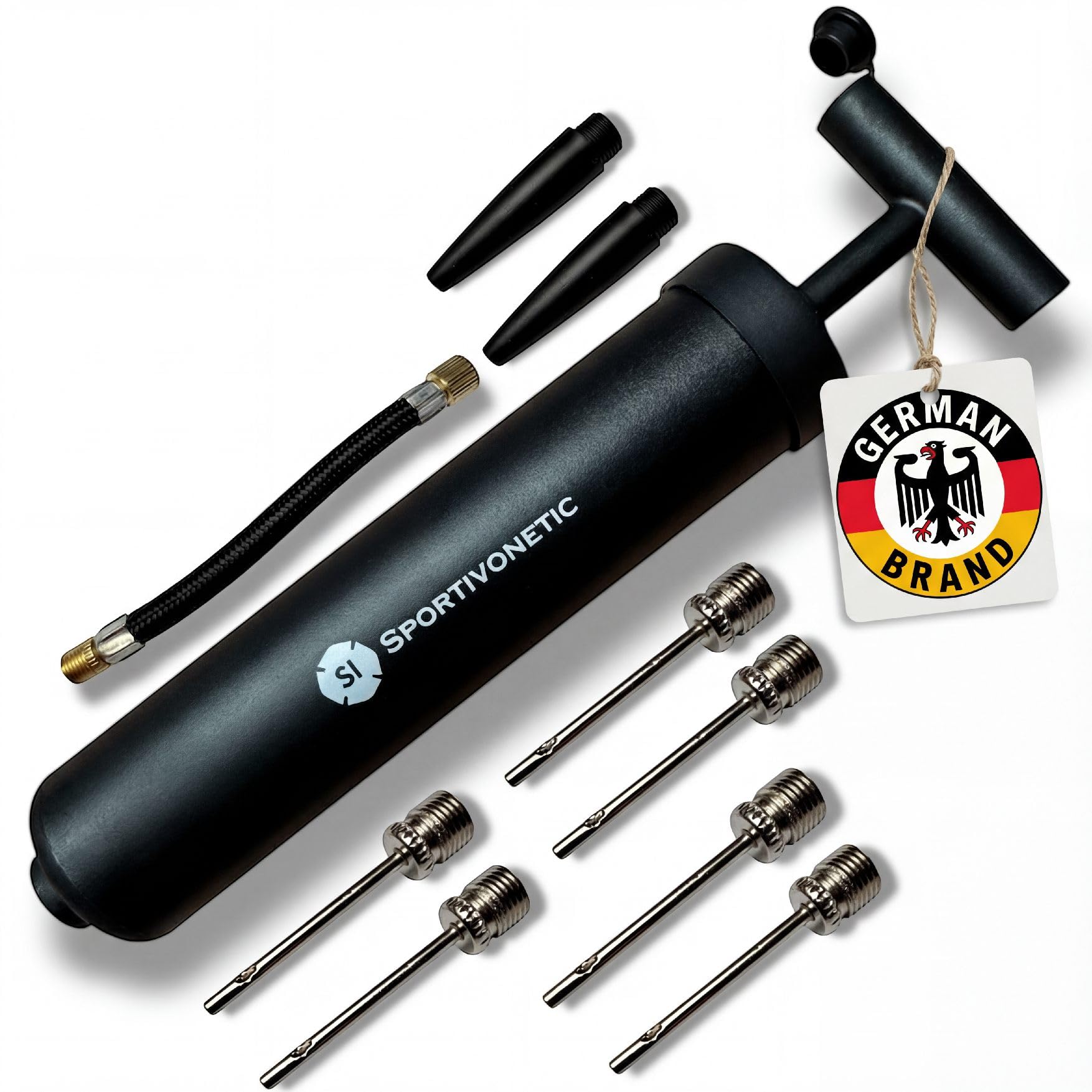 SPORTIVONETIC® Ballpumpe mit 6 Metallnadeln - 2 Kunsstoffnadeln - 1 Schlauch - geeignet für jeden Sportball Fußball, Volleyball, Basketball, Luftpumpe klein mit Nadel Nadeln schwarz