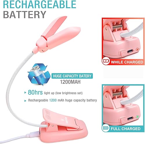 Miniatura 5 de Vekkia Luz de libro recargable de 14 LED para leer en la cama, luz de lectura cálidablanca con abrazadera, luz de clip ajustable de 180, luz ligera