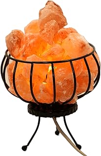 HAF Salzlampe Metallkorb Feuerkorb mit echtem Kristallsalz | Nachttischlampe | Salzsteinlampe mit Metallkorb aus der Salt Range Punjab | Dekorative Nachttischlampe für Wellness & Meditation