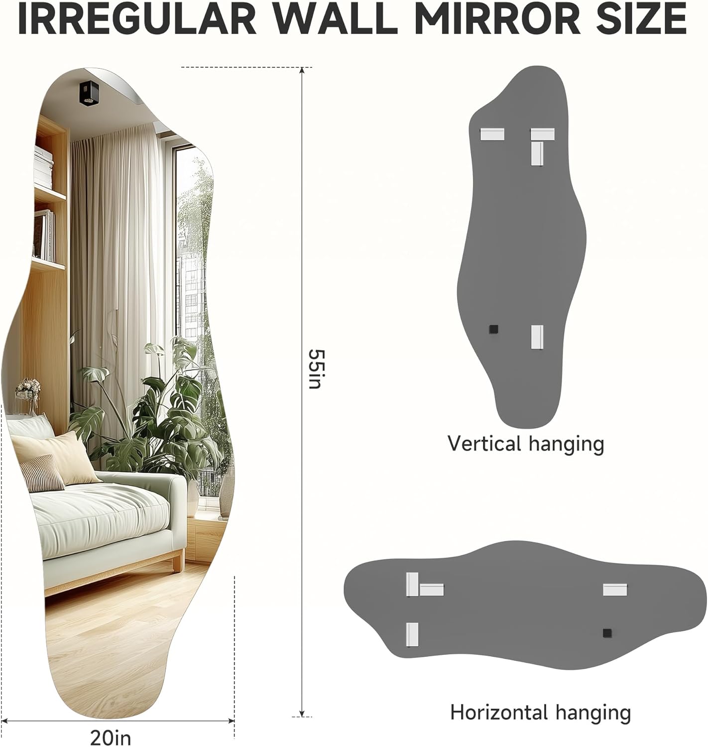 hasipu irregular wall mirror, 55"x20" asymmetrical frameless mirror, modern decorative mirrors for living room, entryway, hallway, bathroom, bedroom,wall mounted home decor frameless 55"l x 20"w