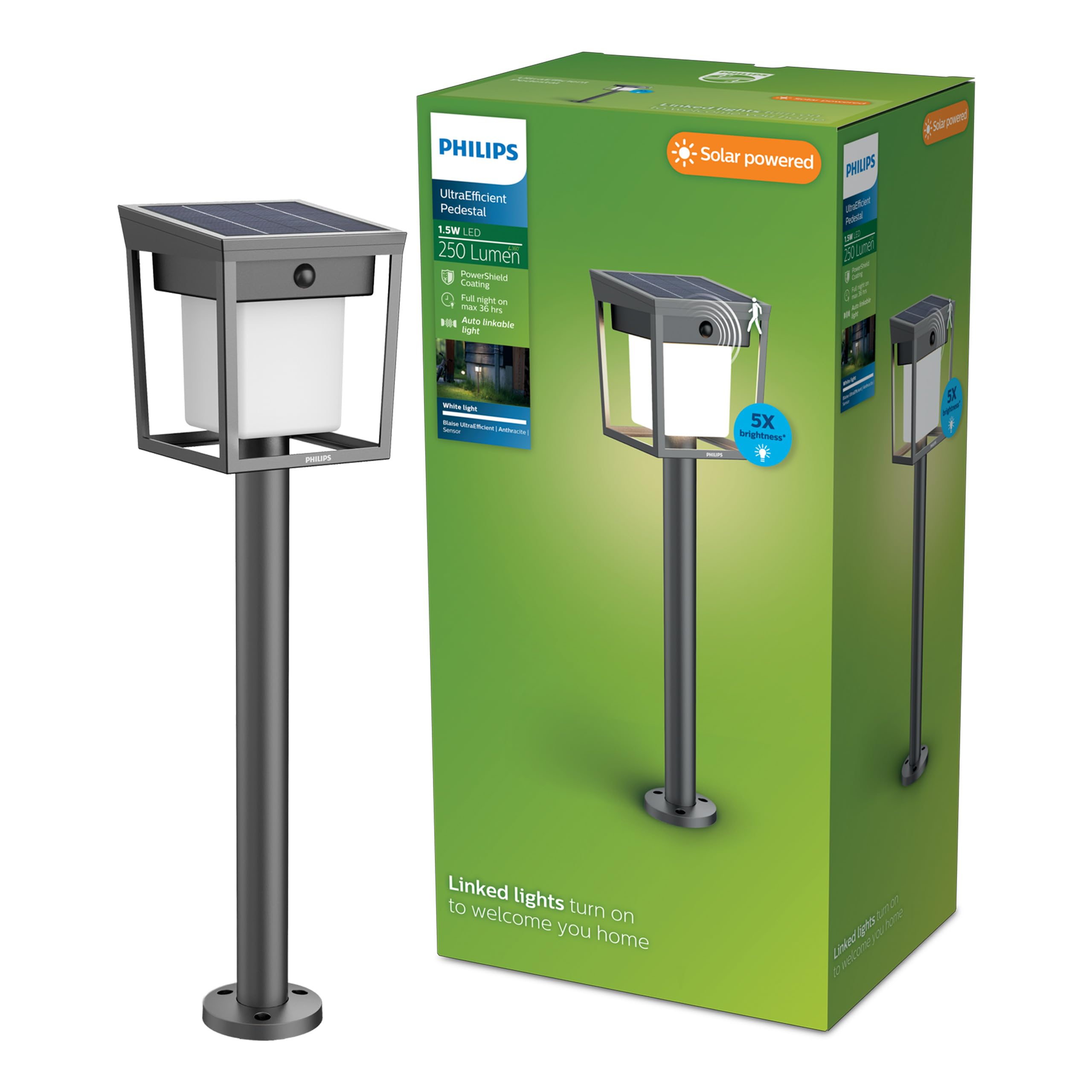 PHILIPS Outdoor Ultra-Efficient Solar Blaise Sockelleuchte 1.5W, Linkable Funktion, Tageslicht- und Bewegungssensor, 3000 Kelvin, IP44, anthrazit