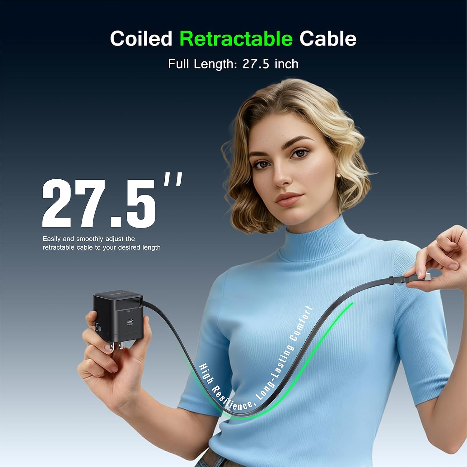 Esoulk 65W GaN USB-C Wall Charger with Retractable Cable (27.5"), Dual Port Fast Charger Block, Travel Charger for Laptop, iPhone, iPad, Samsung, Switch