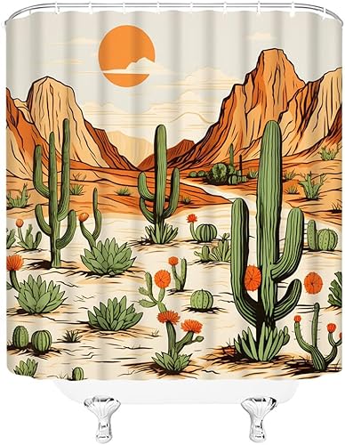 Miniatura 2 de Cortina de ducha occidental, cactus, montaña, desierto, paisaje, étnico, azteca, americano, vaquero, decoración de baño, cortinas de tela con ganchos