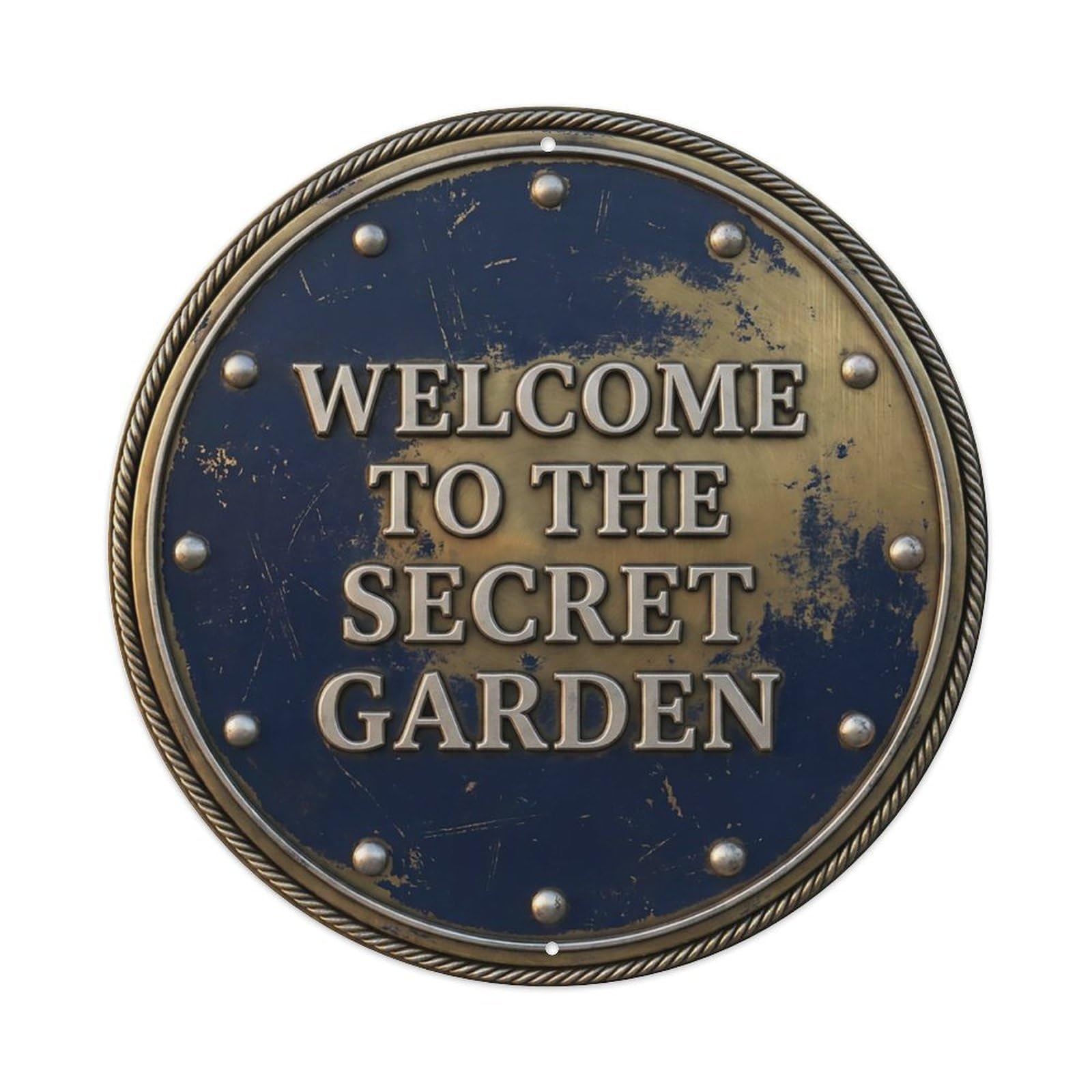 Vintage Welcome Secret Garden Brass Navy Riveted Metal Tin Sign
