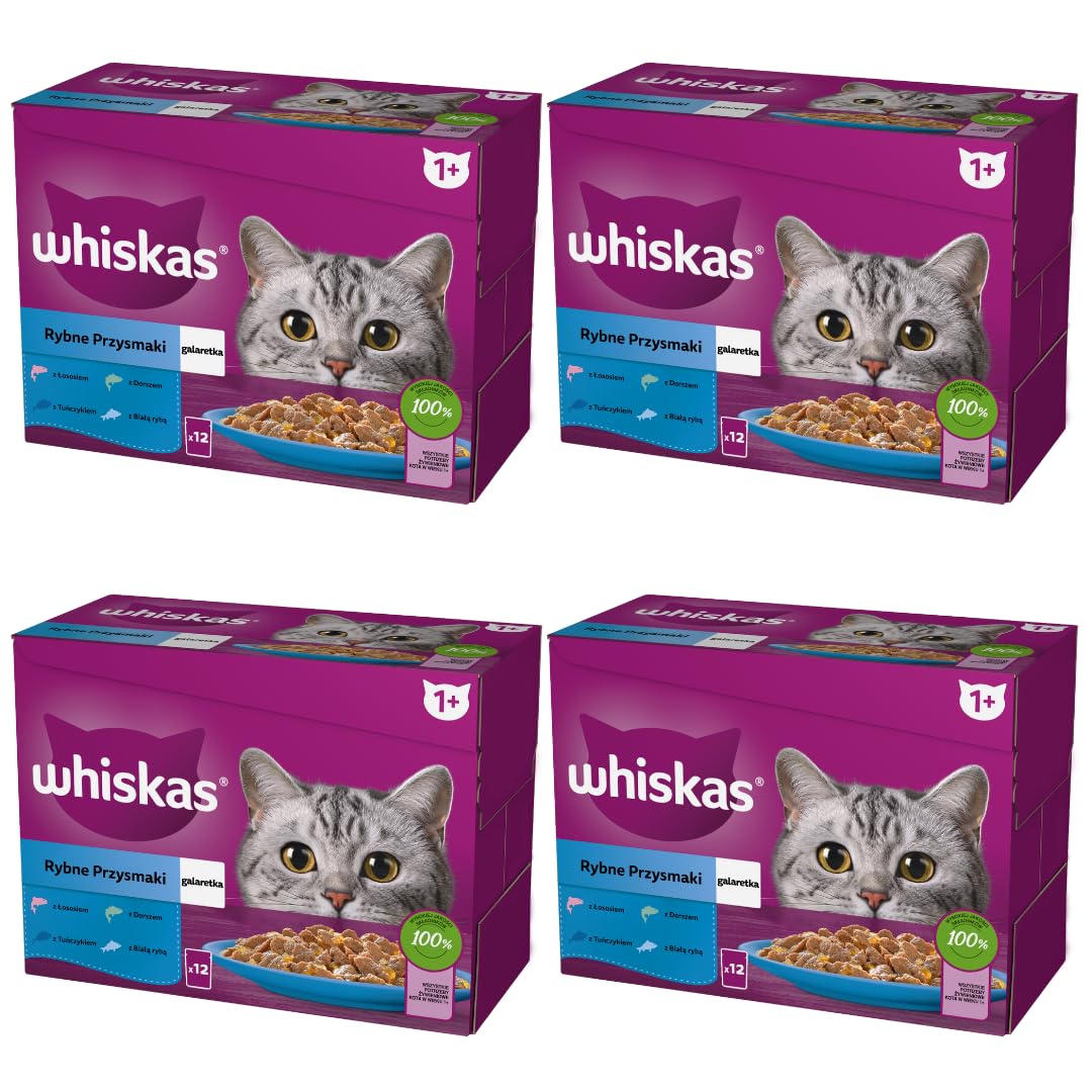 WHISKAS - Comida para Gatos (48 bolsitas frescuras, 4 Paquetes de 12 x 85 g) - Pescado Favorito (4 variedades) - Paté para Gatos Adultos en gelatina