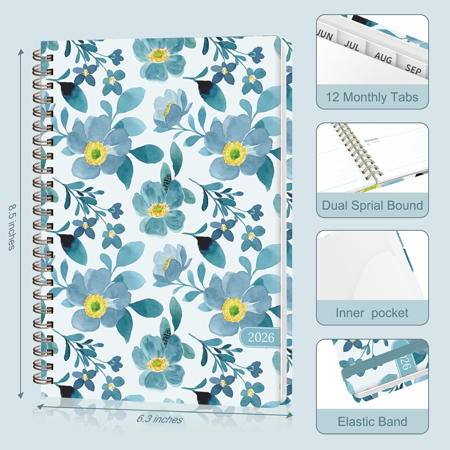 2026 planner, weekly and monthly academic planner calendar (jan.2026 - dec.2026), planning agenda book, for office desk accessories and school supplies, a5(6.3" x 8.5") (blue blossoms) blue blossoms 6.3"x8.5"(jan 2026-dec 2026?