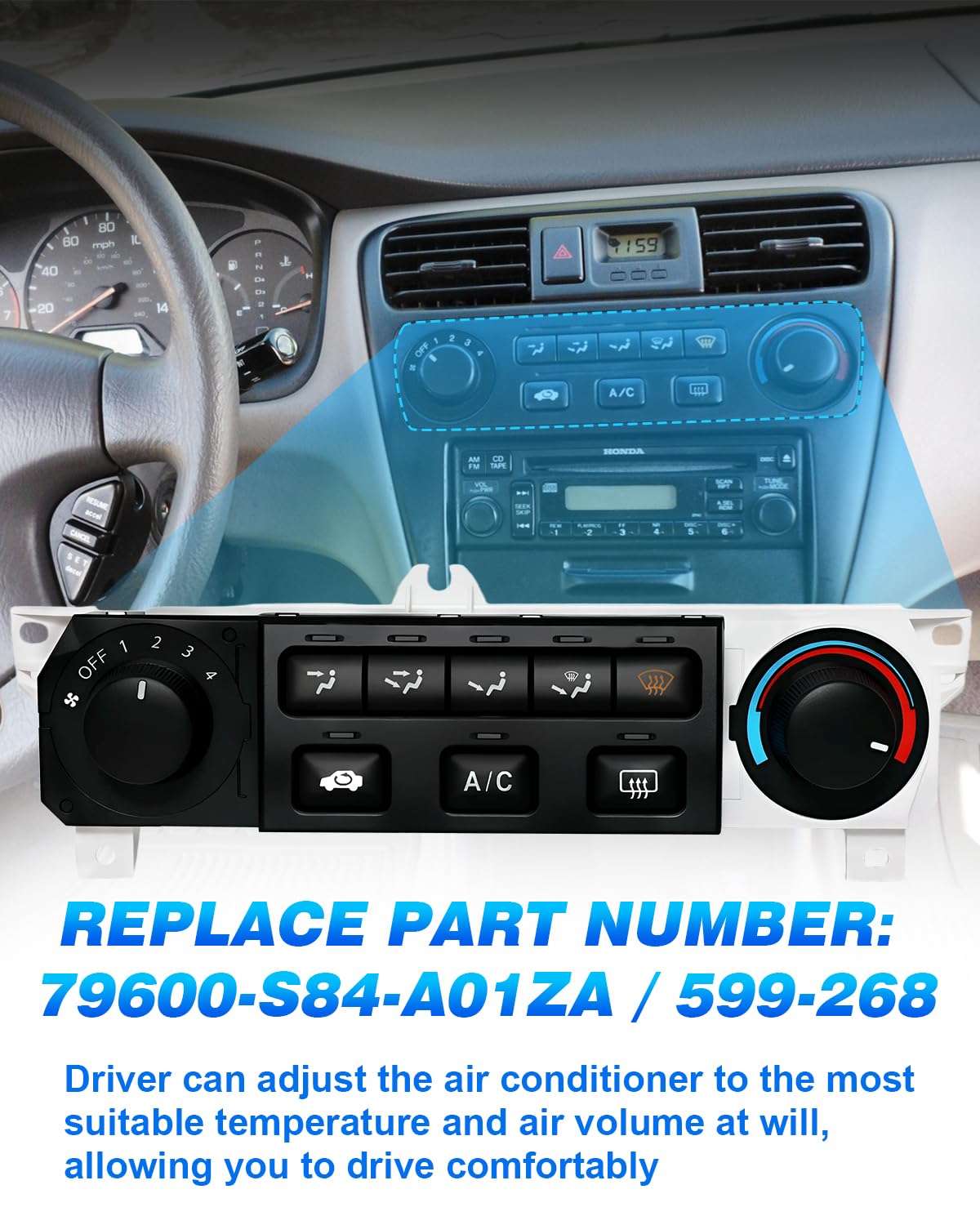A/C Heater Climate Control Module 79600-S84-A01ZA A/C Control Panel Compatible with 1998-2000 Honda Accord 2.3L L4/3.0L V6 AC Control Module and 1998-2004 Honda Odyssey HVAC Control Module 599-268