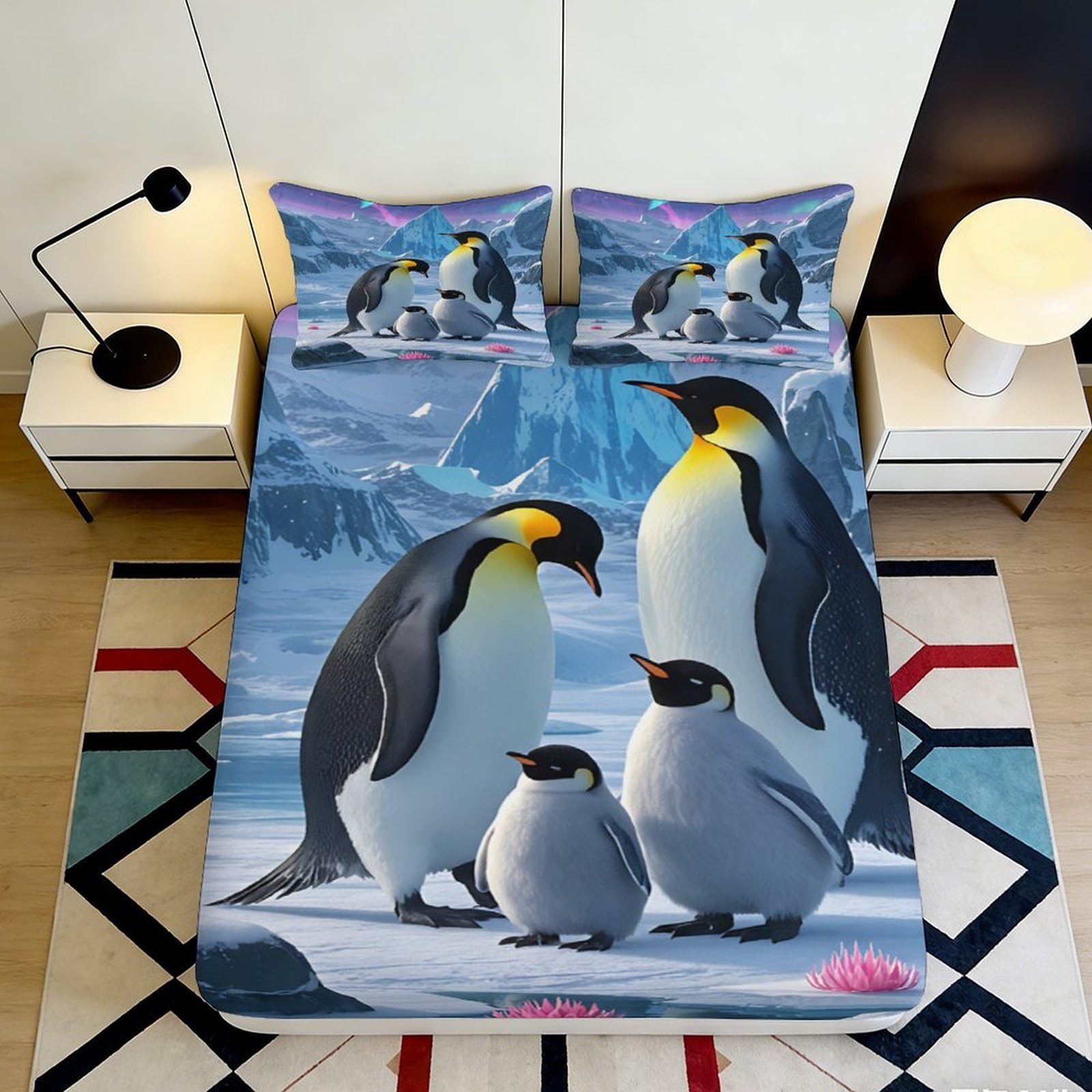 3D Printed Penguin Family Fitted Sheet Microfiber Soft Breathable Snow Scene Bed Cover for Bedroom Dormitory Guest Room Mattress Protection Decor 160x200x25cm