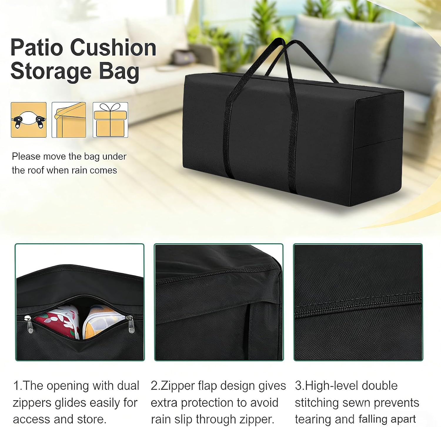 Funvalley Surperfect Extra Large Patio Outdoor Cushion Storage Bag Waterproof 68" L x 30" W x 20" H Outdoor Cushion Furniture Storage Bag with Handle and Protective Zipper (Black, 1 Pack)
