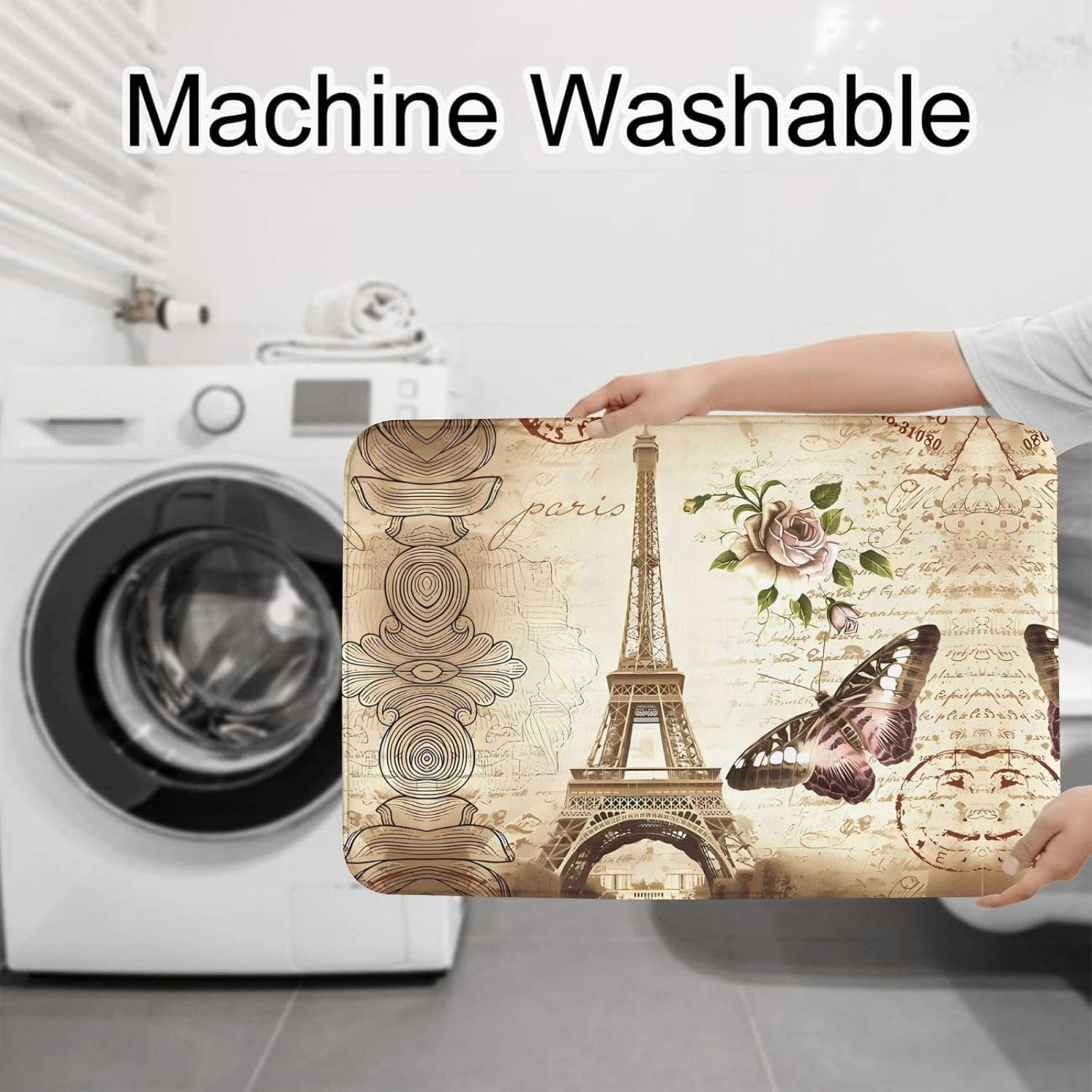 Vintage Paris Eiffel Tower Butterfly Bathroom Rugs Sets 3 Piece, Non-Slip Flannel Bath Mats for Bathroom, Washable Bath Carpet, Absorbent Bathroom Mats with Toilet Rug