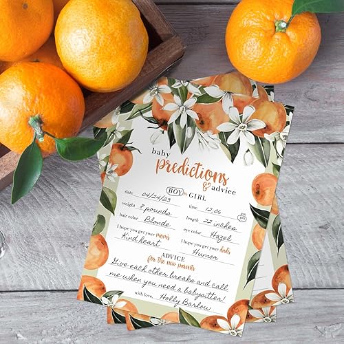 Miniatura 3 de Canopy Street Little Cutie - Juego de baby shower, 25 tarjetas temáticas de cítricos naranjas de predicción para bebés, hojas de actividades de