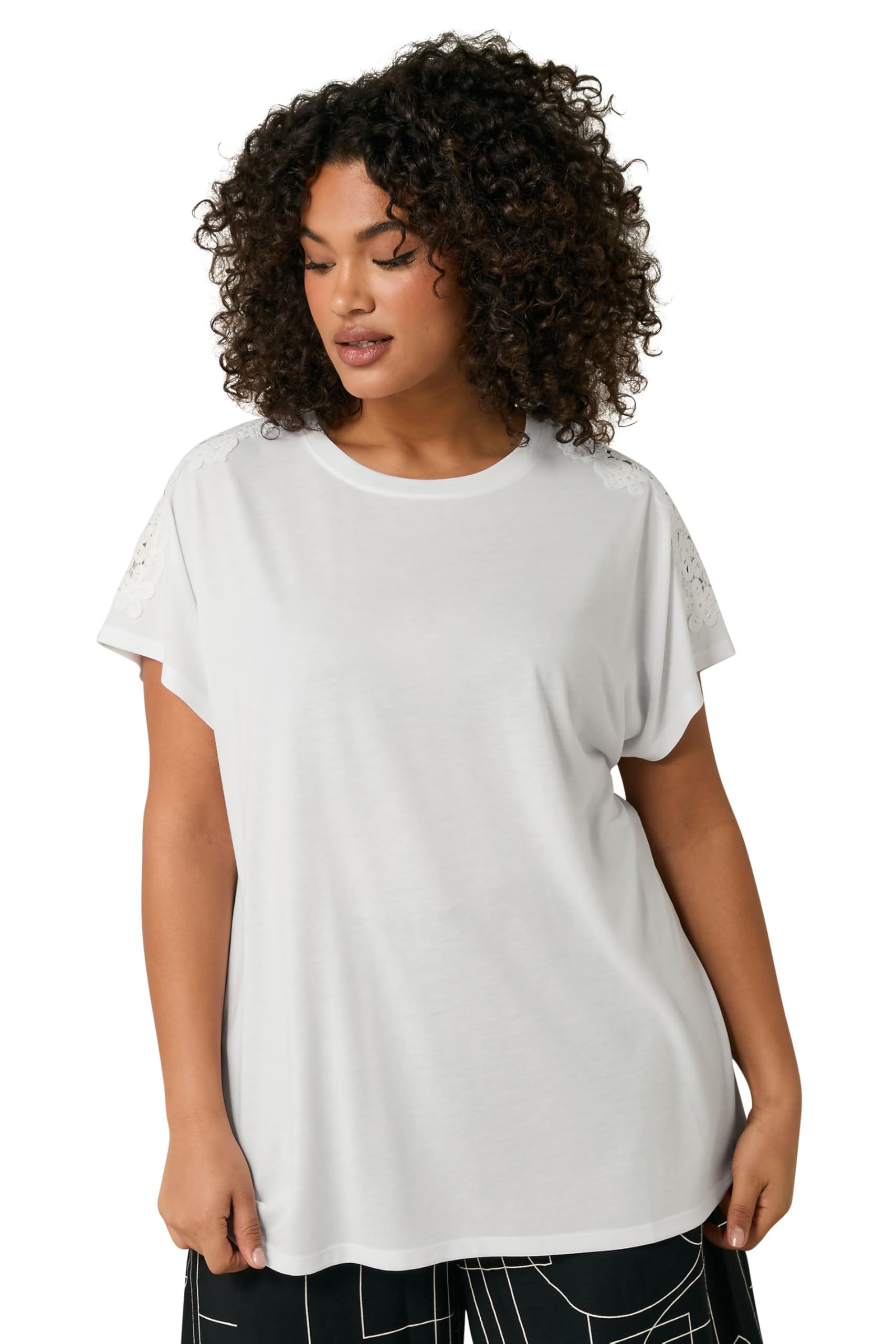EVANS Curve Crochet Shoulder Modal Rich T-Shirt - Women's - Plus Size Curve White
