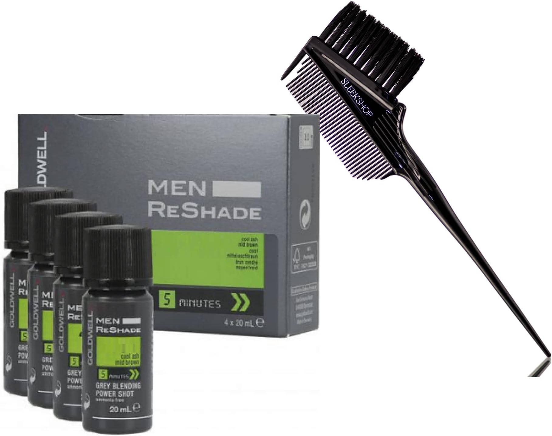 MEN Reshade Grey Blending Power Shot Haircolor Dye, Ammonia-Free (w/ Sleekshop 3-in-1 Comb Brush) Hair Color, Man Gray Re Shade (6CA (20ml/0.6 oz x 4 pieces))