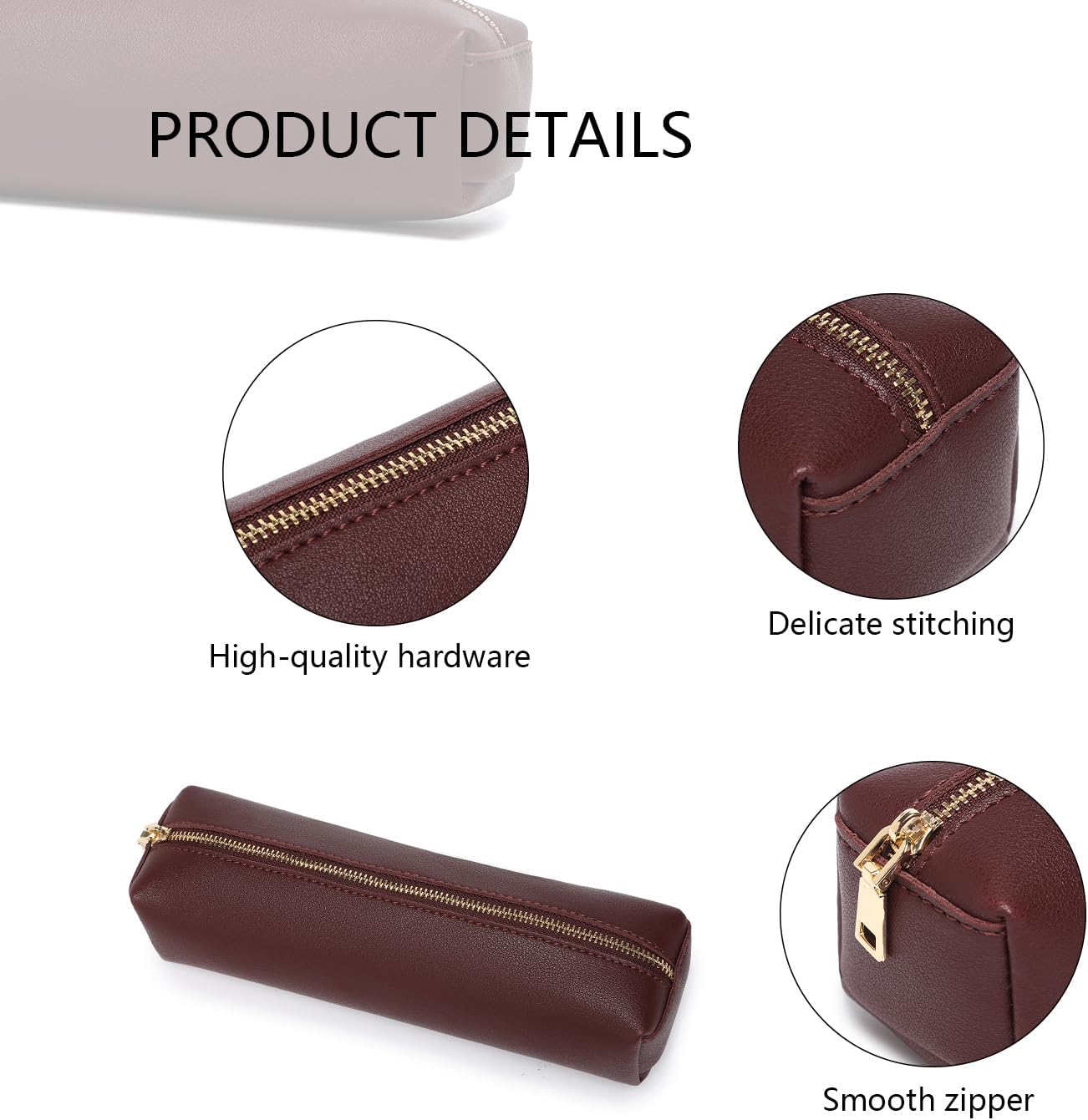 Pencil Case Small Zipper Pen Pouch for School Office Art Supplies Stationery Organizer Bag for Pens Markers（Burgundy/Faux Leather） image 4