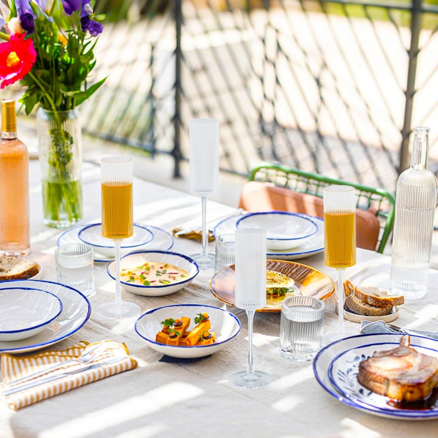 JLYLOL 24 Pcs Clear Plastic Champagne Flutes 6OZ Large Ribbed Champagne Glasses Toasting Glass Plastic Goblets for Parties Vintage Mimosa Bar Glasses Elegant Stemmed Drinking Cups for Wedding Bride