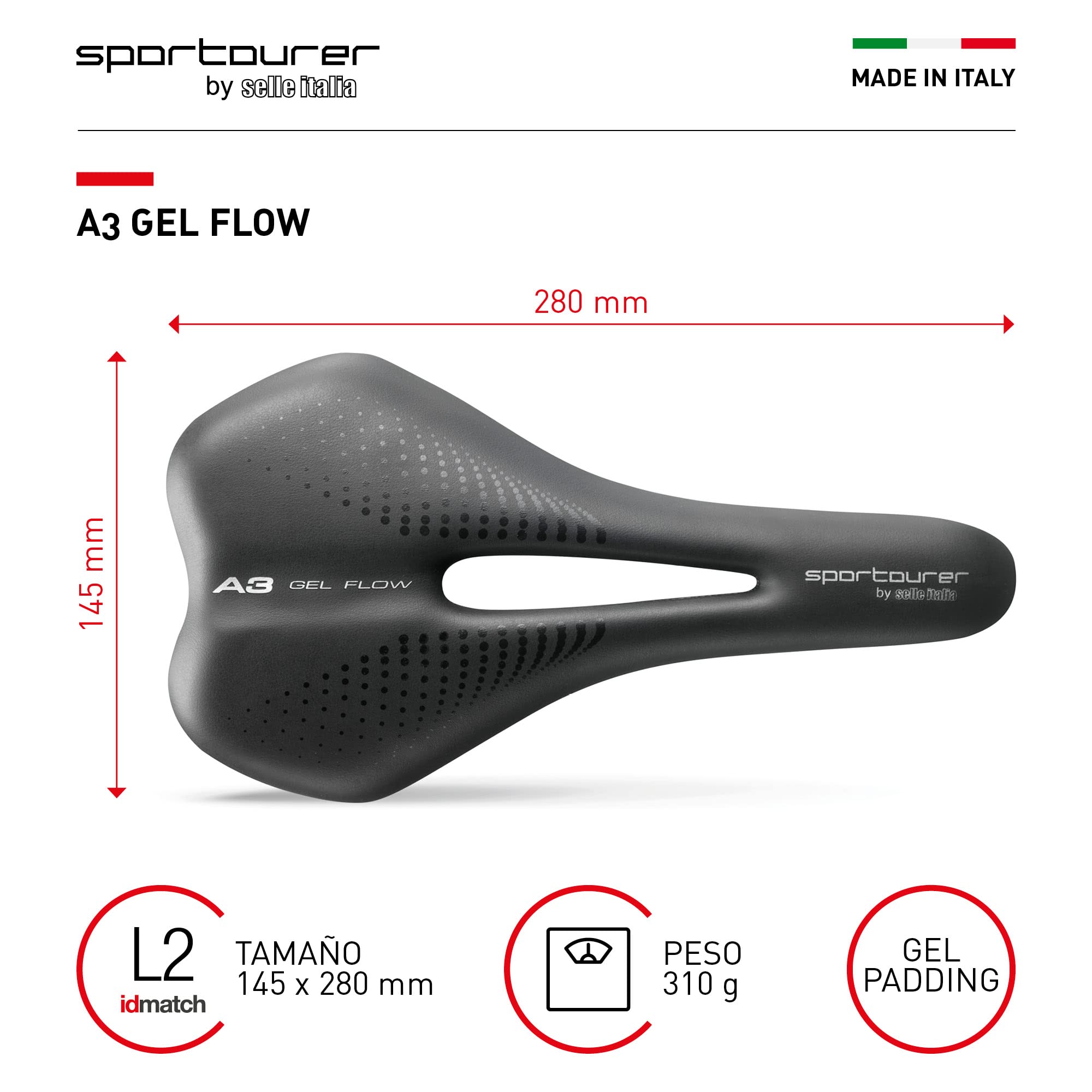 Selle Italia A3 GEL FLOW - Cómodo Sillín de Bicicleta con Gel, Agujero Anatómico, Resistente al Agua y Apto para Todo Tipo de Bicicletas - Negro