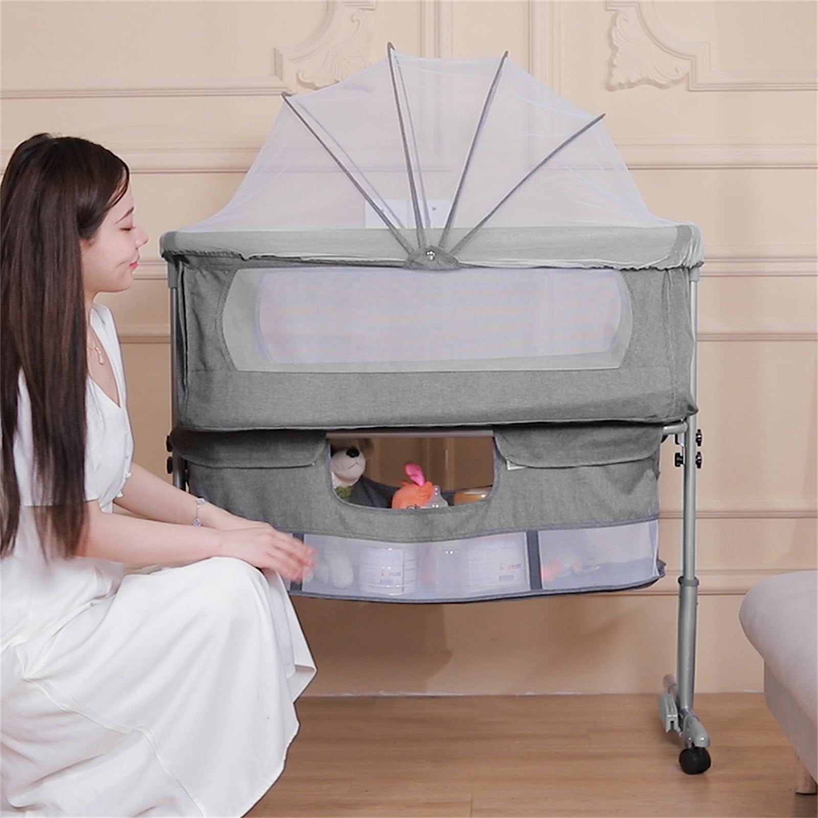 homewell Cododo Babywiege, tragbar, höhenverstellbar, 3-in-1-Babybett, mit Aufbewahrungstasche, Rollen und Moskitonetz