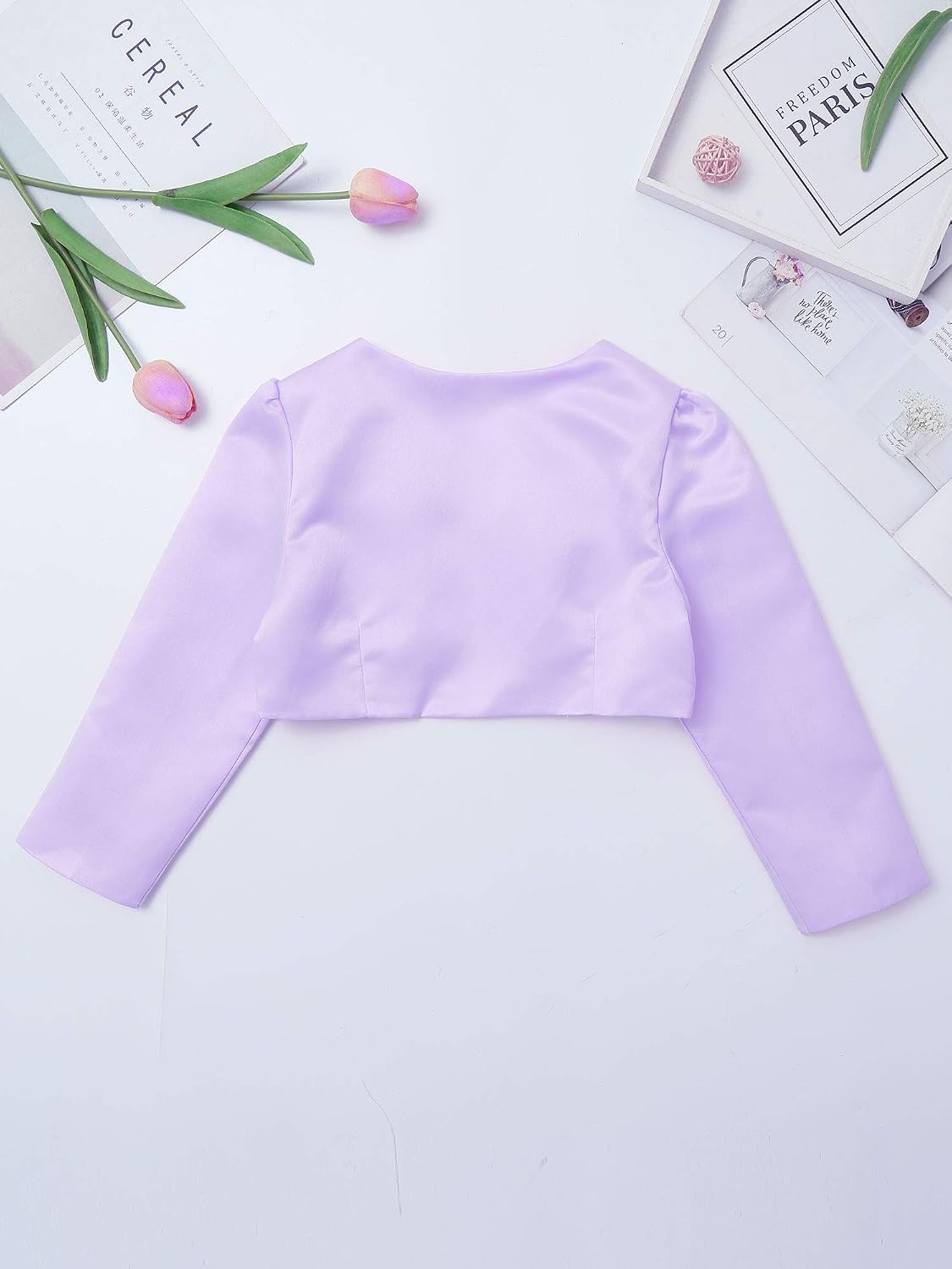 Girls Satin Long Sleeve Cardigan Flower Open Front Lace Wedding Bridesmaid Dress Cover Up