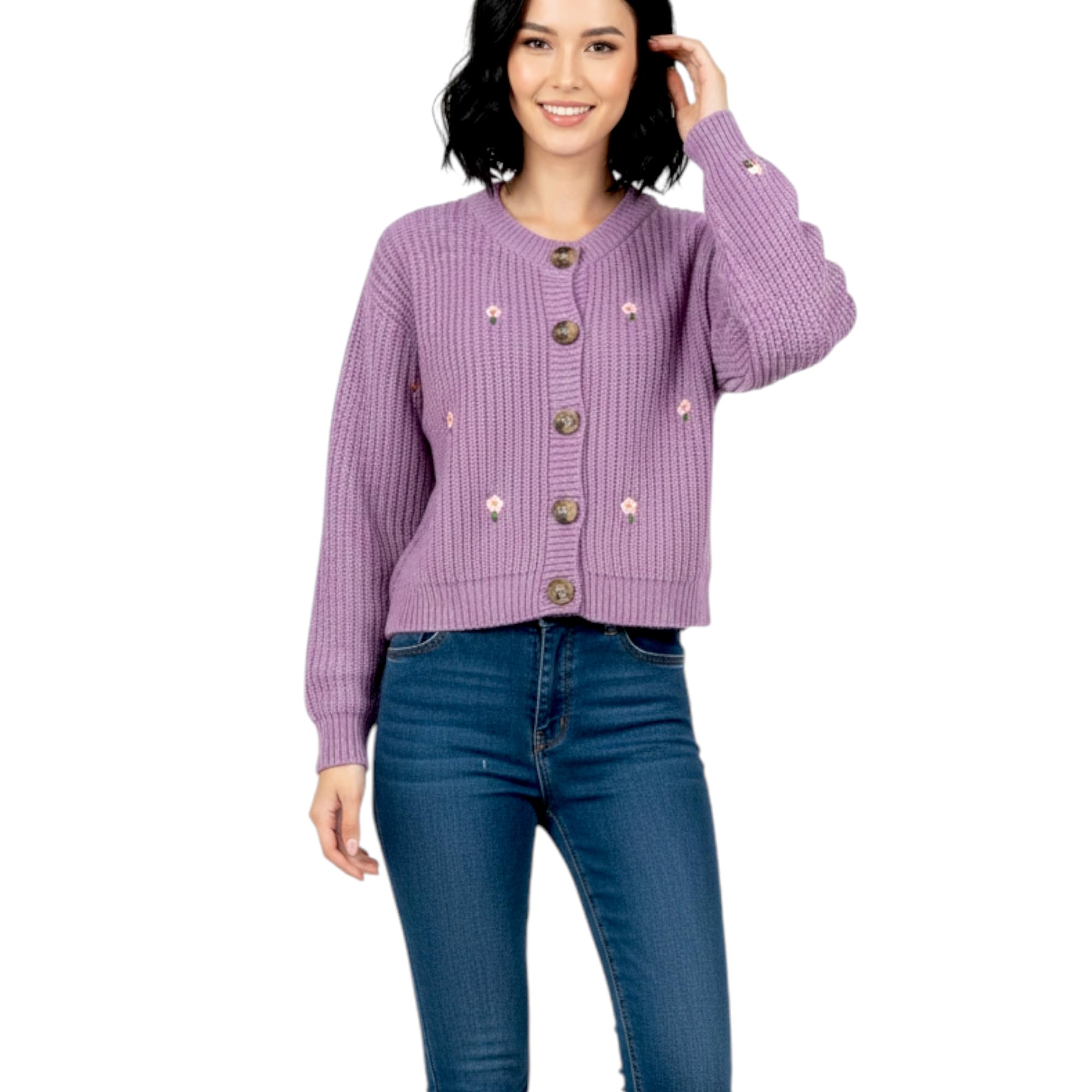Purple Knit Cardigan Sweater with Floral Embroidery, Button Front, Ribbed Long Sleeve-image-16