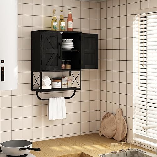 Miniatura 8 de RUSTOWN - Gabinete rústico de granja con dos puertas de granero, gabinete de almacenamiento de madera montado en la pared con estante ajustable