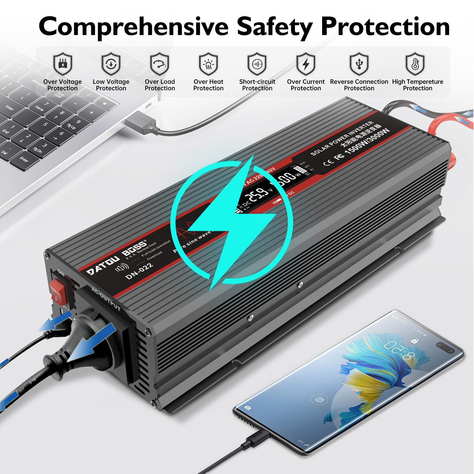 DATOUBOSS Przetwornica napięcia 24 V na 230 V, czysta sinusoidalna 1500 W/3000 W, z wyświetlaczem LCD, portami USB i gniazdami UE do domów, przyczep kempingowych