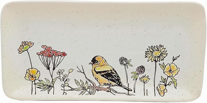 Blue Sky Clayworks Wildflower Bird Rectangular Platter, 10" L x 5" W, Wildflower Meadow Songbird Serving Tray