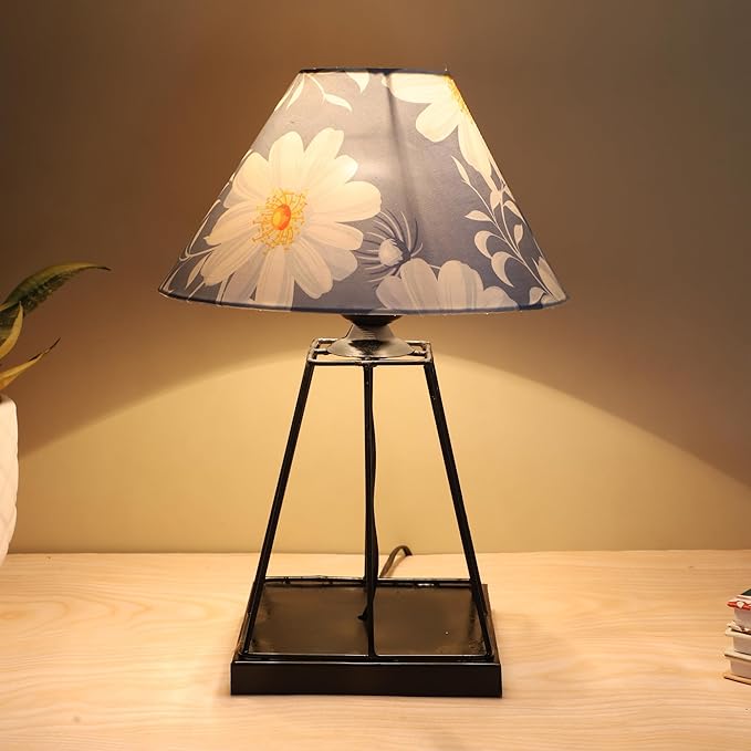 tu casa Warm Light Black Metal Bedside Table Lamp with Narcissue Floral Print Satin Shade for Home Decoration Bedroom Living Room Lounge Office Festival Decor & Gifting Study Table H - 15" / No Blub
