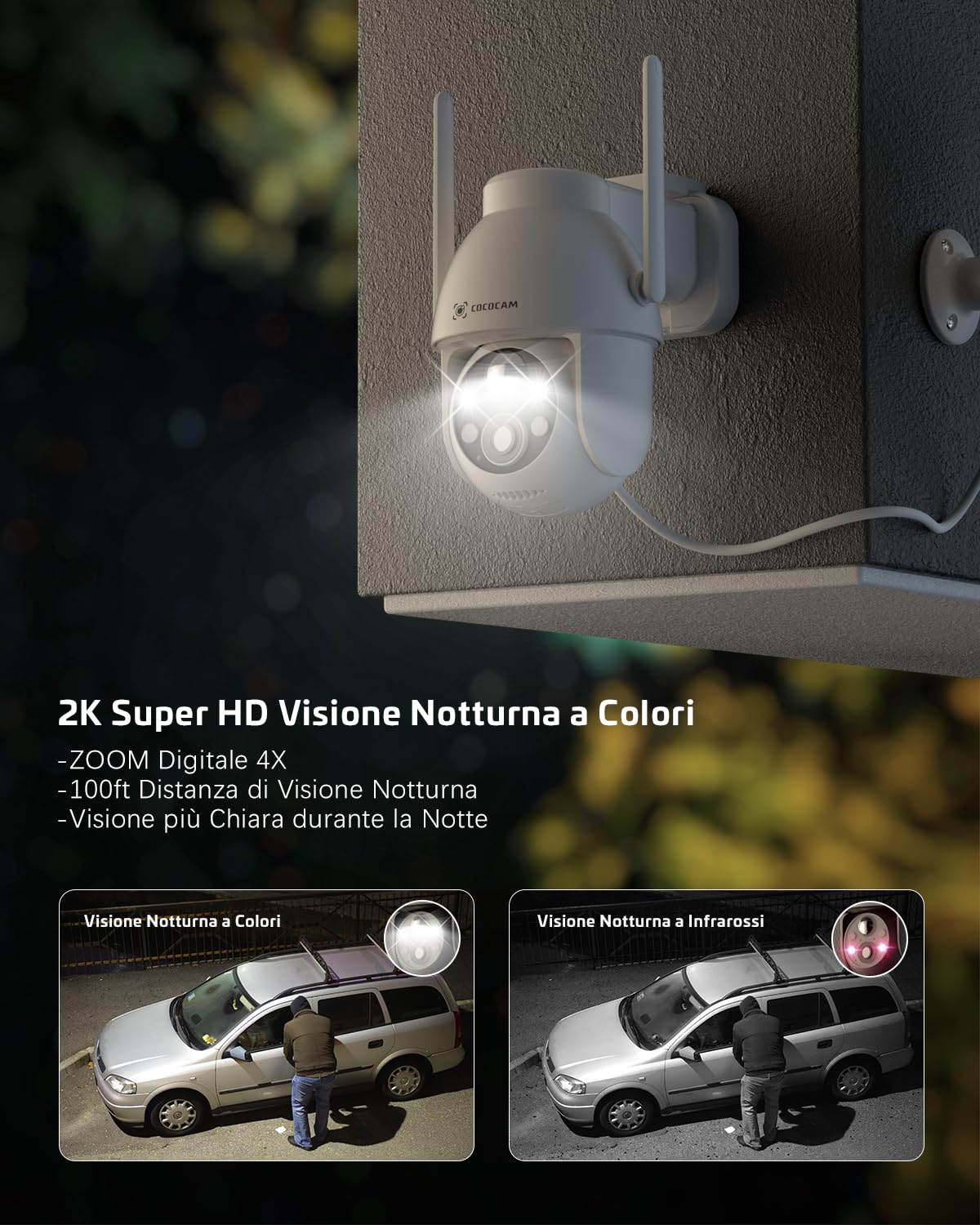 COCOCAM 2PCS 2K Telecamera Wi-Fi Esterno Solare | PTZ Senza Fili con AI Rilevamento Umano, Visione Notturna a Colori, Audio Bidirezionale, Supporto Alexa, 2,4GHz, Cloud