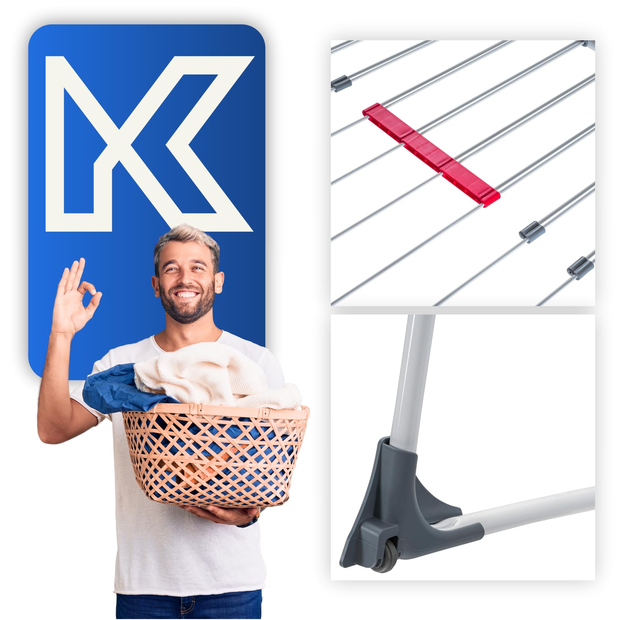 KADAX Étendoir a Linge 20 metres, Support de Sechage sur Pieds, Sechoir Pliable pour Maximiser l'espace de Sechage, Etendoir Telescopique (Gris)