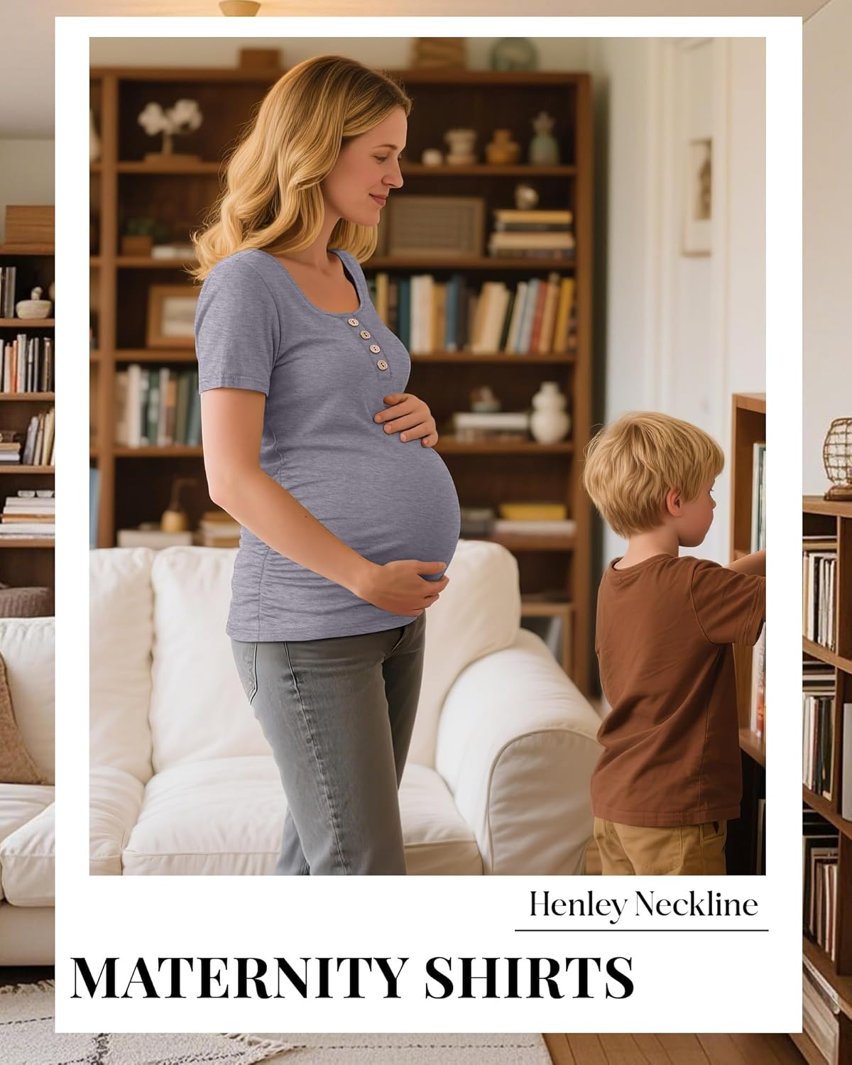 Riyiper 4 Pack Women's Maternity Shirts, Henley Scoop Neck Pregnancy Tee Tops Short Sleeve Side Ruched Mama Clothes - Image 5