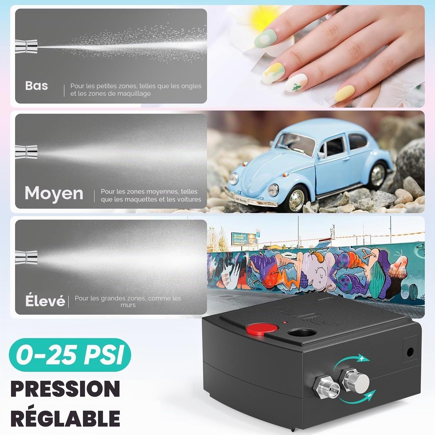 Kit aérographe 40 PSI avec compresseur double action pour décoration de gâteau, maquillage, artisanat, nail art, modelage de tatouage, peinture