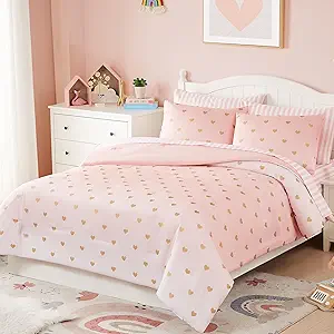 Full Size Comforter Sets with Sheets for Girls-7 Pieces Full Size Bedding Sets with Pink Comforter, Sheets, Pillowcases & Shams for Kids (Pink Gold Heart, 76" X 86")