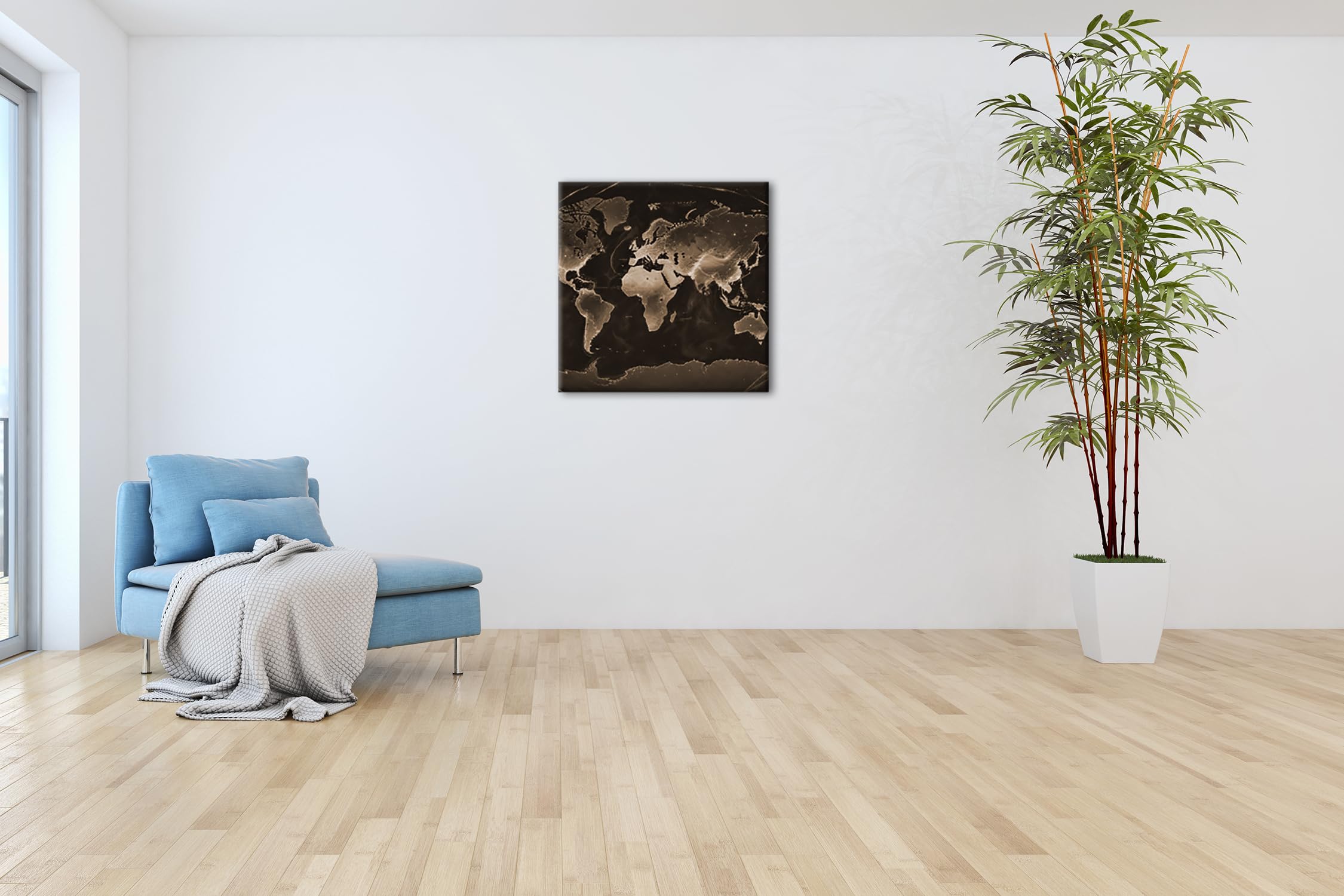 Mapamundi luminoso en la oscuridad, los continentes brillan como venas brillantes de la tierra. Formato: 70 x 70 cm. Efecto: sepia como lienzo, diseño enmarcado en marco de madera auténtica, impresión