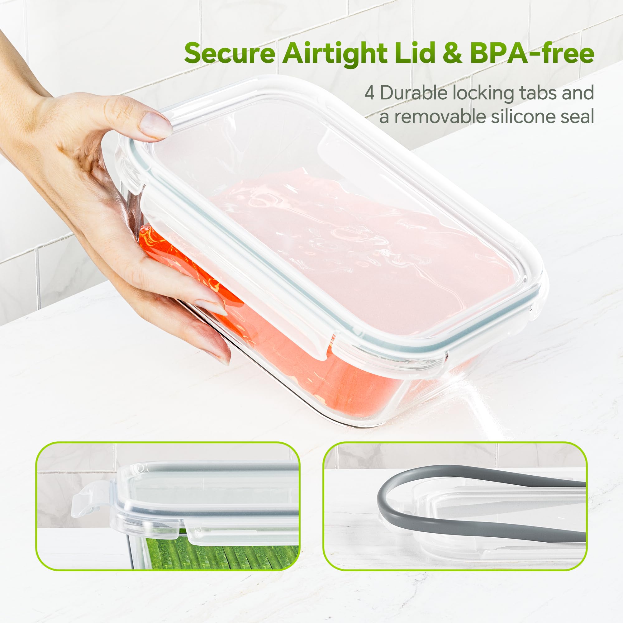 Confezione da 5 contenitori per alimenti in vetro borosilicato con coperchio, impilabili, ermetici, per pranzo e avanzi, senza BPA e a prova di perdite, per microonde, forno, lavastoviglie