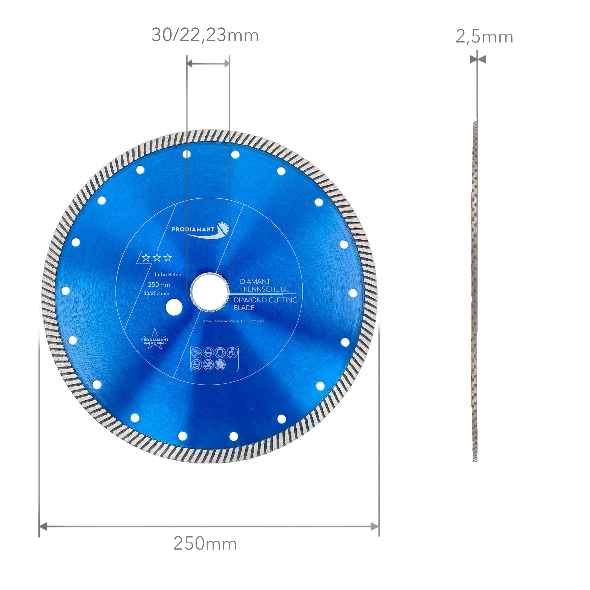 PRODIAMANT Disco Diamantato Premium Turbo 250 mm x 30/25,4 mm - taglio preciso su pietra, cemento e calcestruzzo, ideali per sega da tavolo
