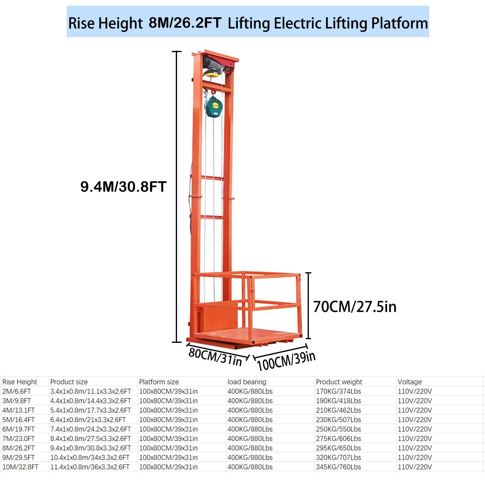 Wandmontierter Lastenaufzug, 400 Kg (880 Lbs) Tragende Elektrische Hebeplattform, Mit Fernbedienung, Geeignet For Lagerhäuser Und Fabriken(8M/26.2FT)