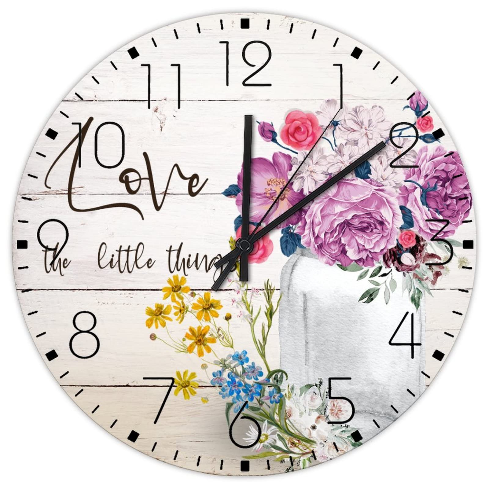 Horloge murale silencieuse analogique et personnalisée avec motif floral à piles