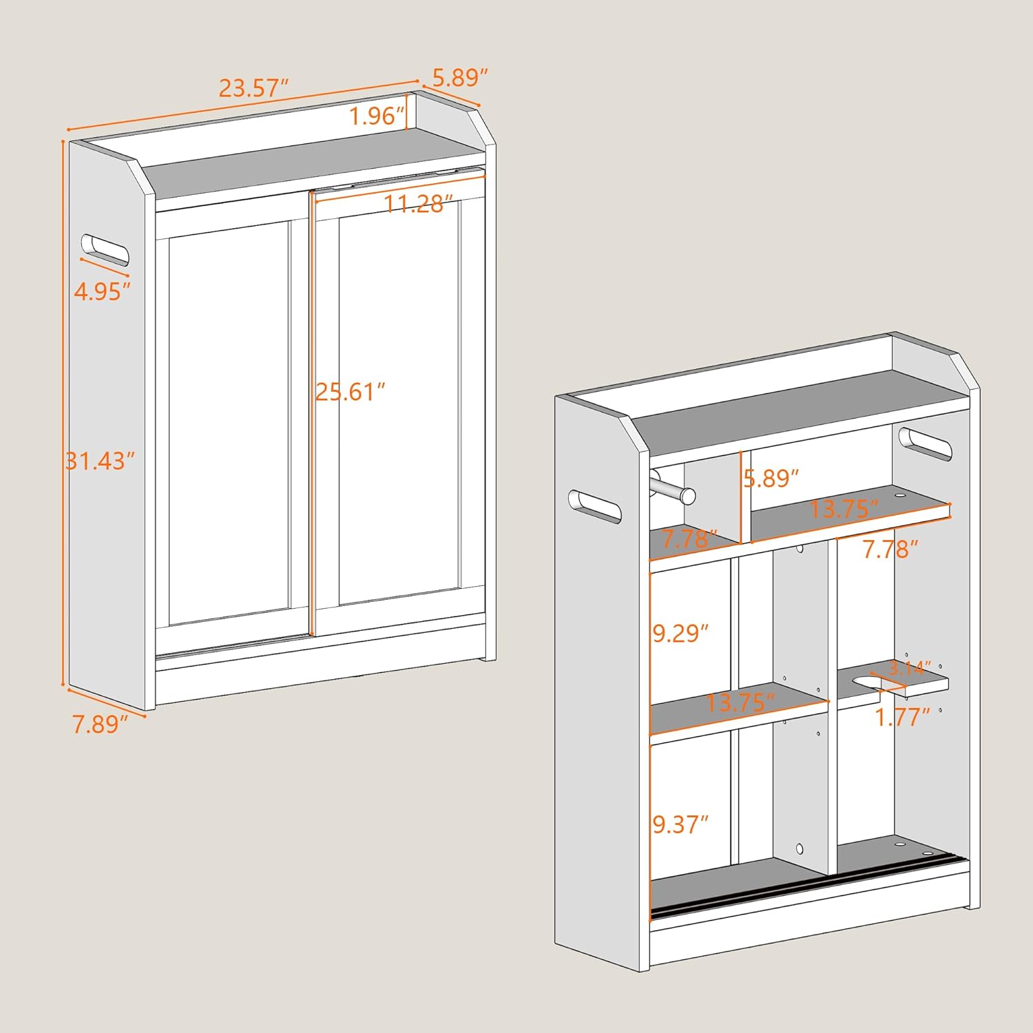 Slim Bathroom Storage Cabinet, Toilet Paper Holder Cabinet with Sliding Doors, Narrow Cabinet Behind Door with Brush Compartment, Adjustable Shelves (Grey)