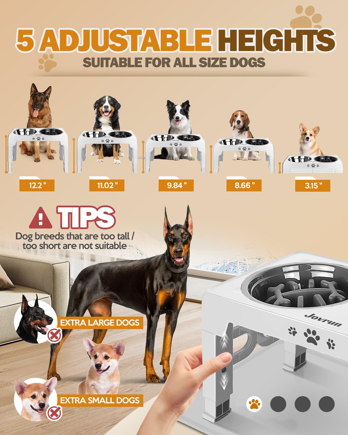 Jovrun Cuencos elevados para perros, soporte elevado ajustable de 5 alturas para perros medianos y grandes, comedero para perros con 2 cuencos de acero inoxidable y 1 cuenco de alimentación lenta para