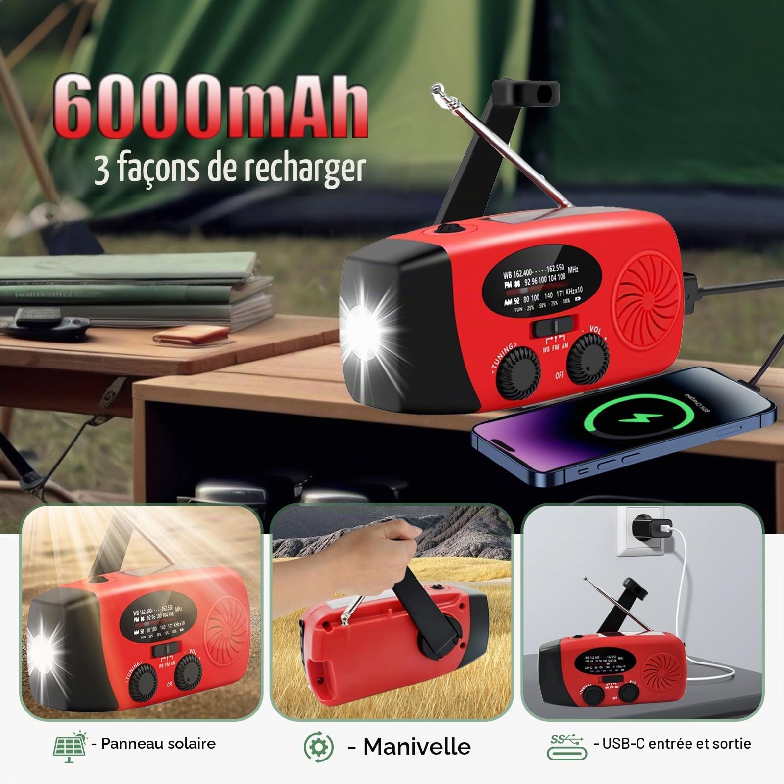 Radio météo urgence AM/FM/NOAA, manivelle solaire, chargeur de téléphone, lampe de poche 4 modes, alarme SOS, prise casque, pour urgence