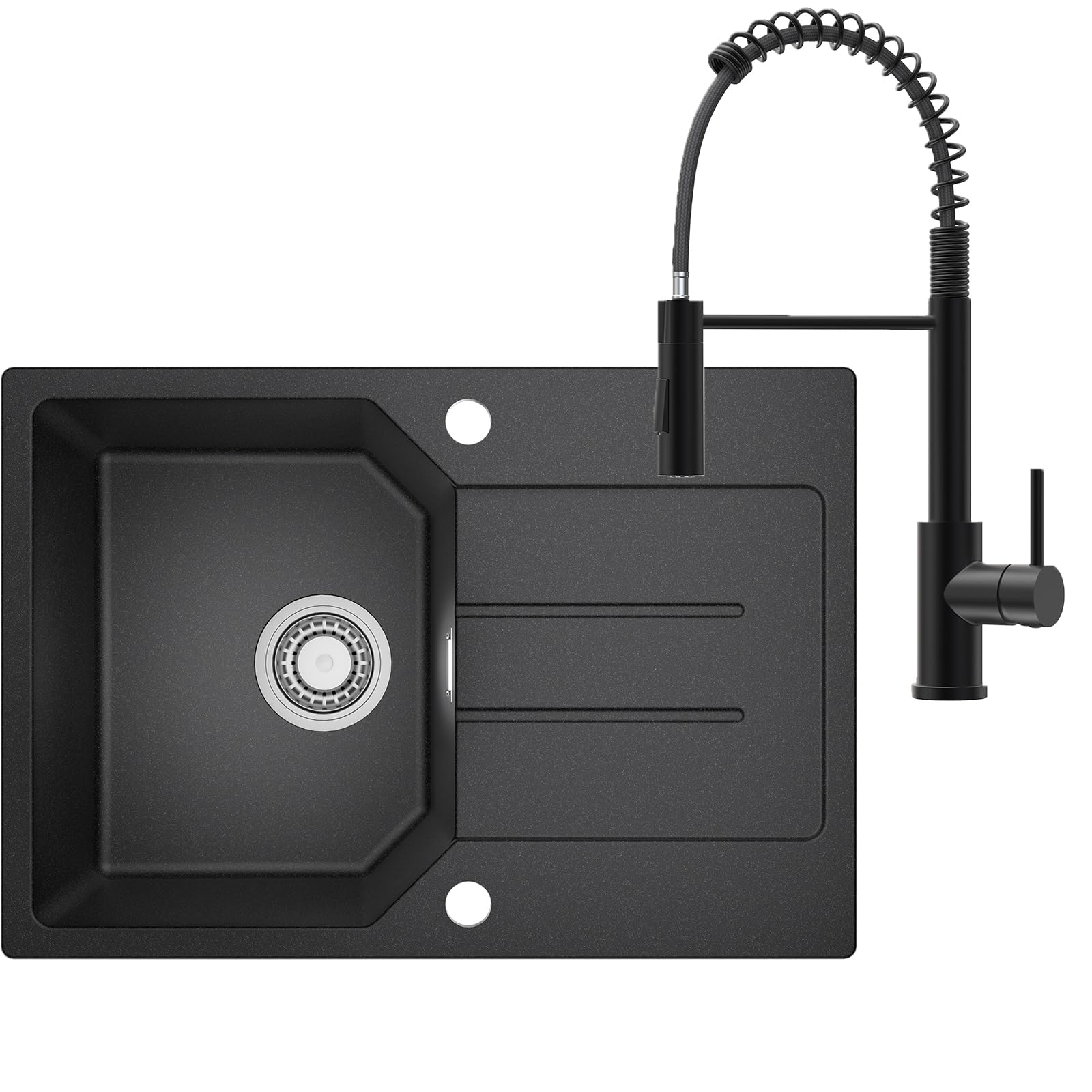 ANYCEE 78x45 cm Lavello Nero con Rubinetto Molla, Lavello Cucina 1 Vasca con Gocciolatoio, Lavandino Cucina in Granito per Mobile di Base di Oltre 40cm con Sifone e Scarico