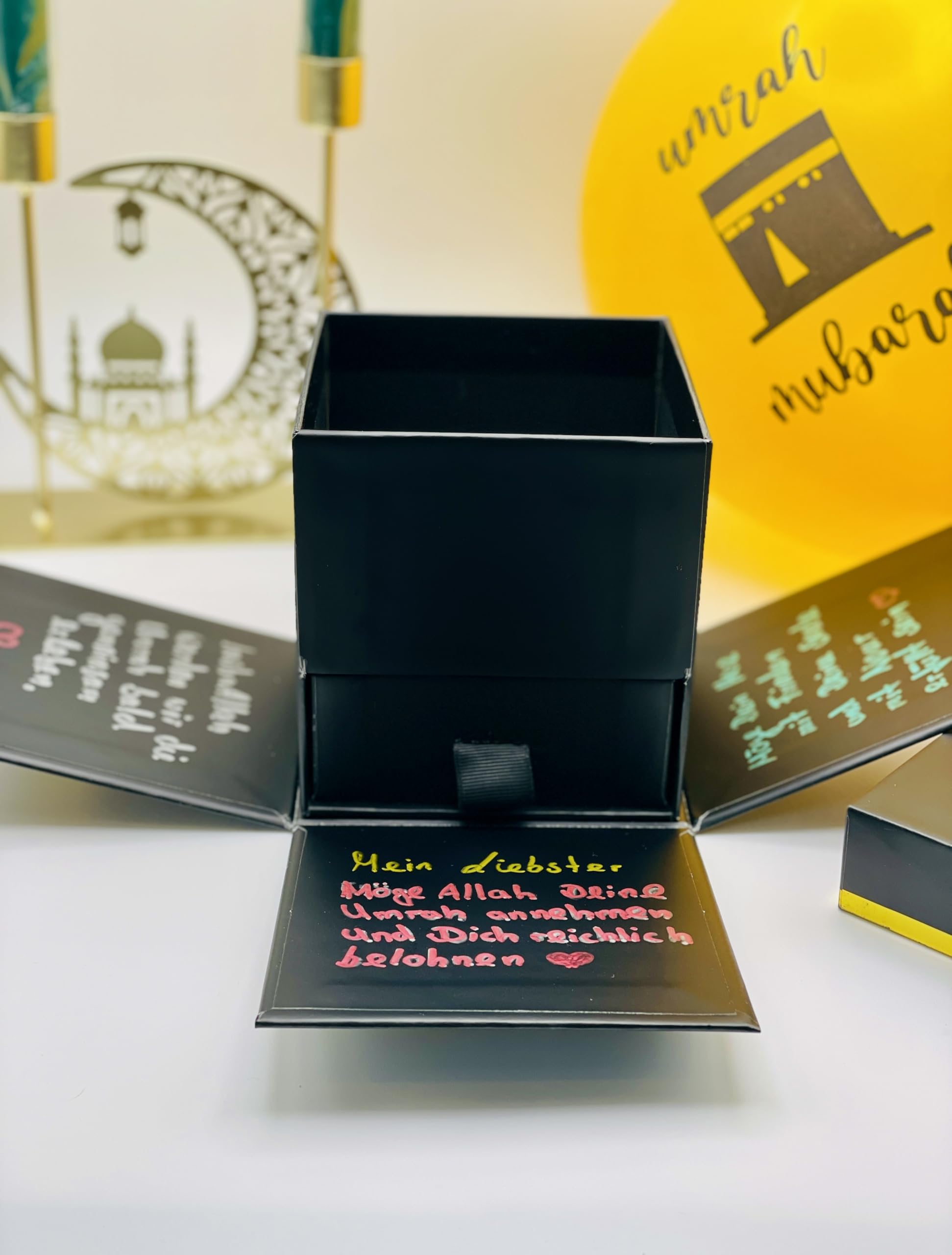 B & S Bismillah and Smile Premium Kaaba Confezione regalo per Hajj & Umrah – Elegante set con 2 nastri regalo in raso e 4 pennarelli metallici