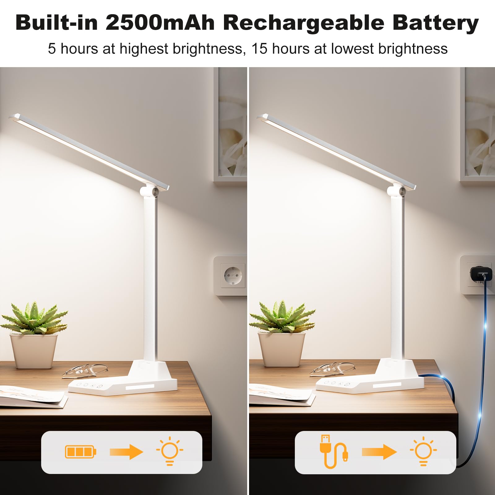 Ylatoial Lampada da Tavolo,Lampada da Scrivania con 2500mAh Batteria,5 Modalità Colorex10 Livelli di Luminosità,USB Lampada Scrivania Senza Fili con Luce Notturna,Funzione Timer e Memoria,Bianco