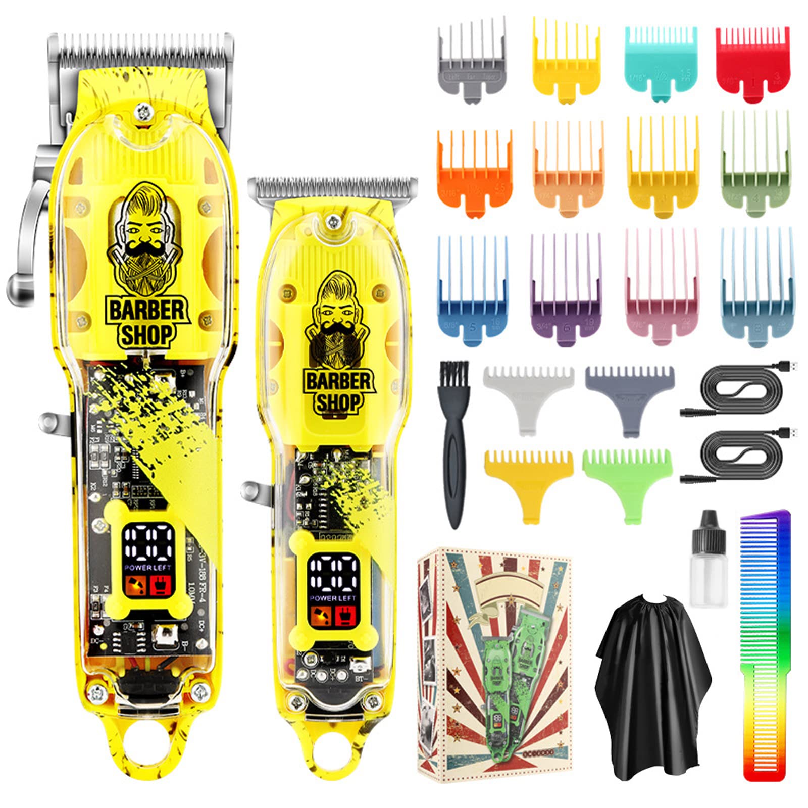 Layhou Maquina Cortar Pelo Profesional, Recortador Pelo Barba Kit, con 16 peines guía Recorte de cabello Kit de peinado y aseo Capa de corte Peine para peluqueros de salón Uso doméstico (yellow)