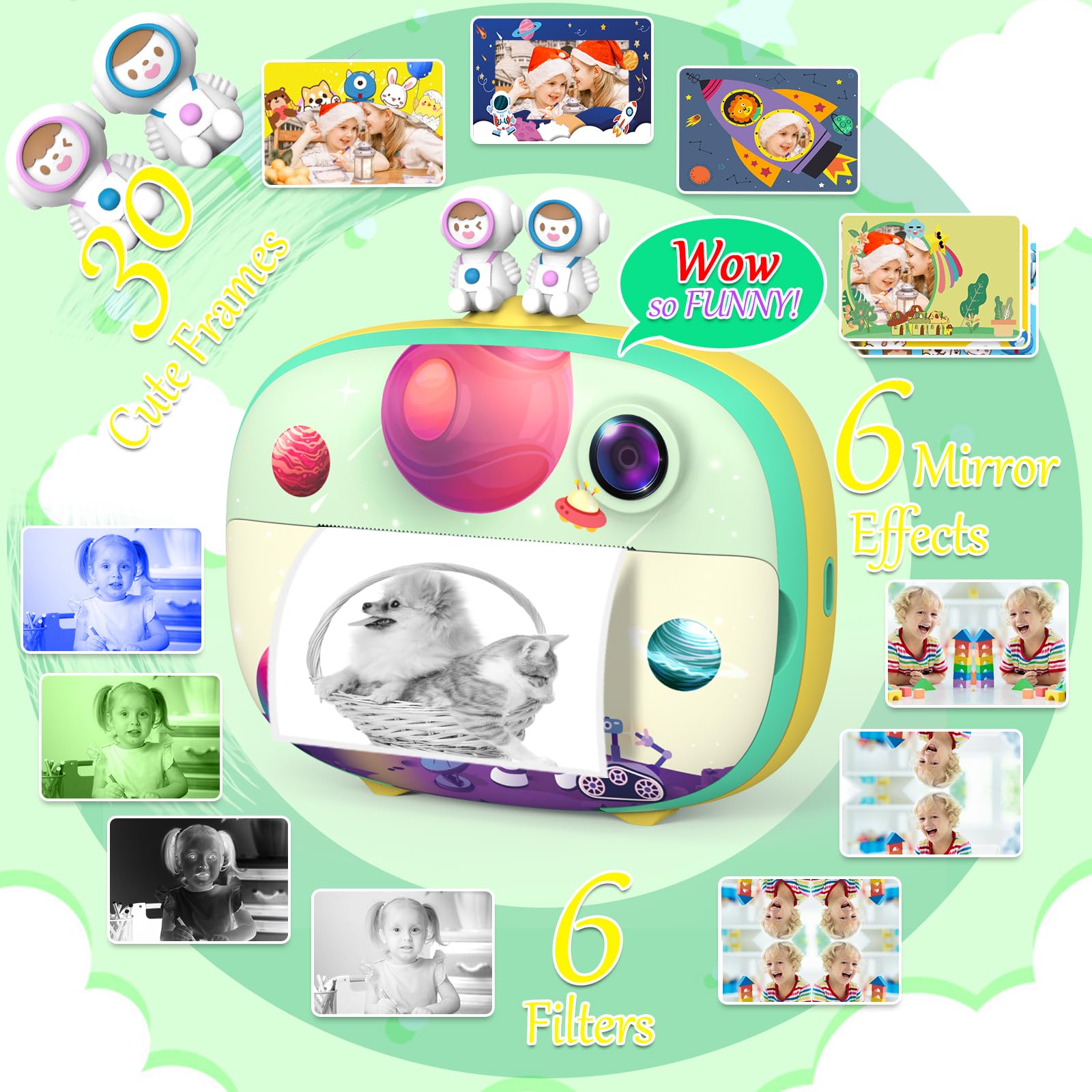 ULEWAY Kinderkamera Sofortbildkamera, Digitalkamera für Kinder mit Druckpapier & 32G TF Karte, VideoKamera mit farbigen Stiften & Fotoklammern zum Basteln, Geschenk für Kinder 3-14 Jahren (Grün)