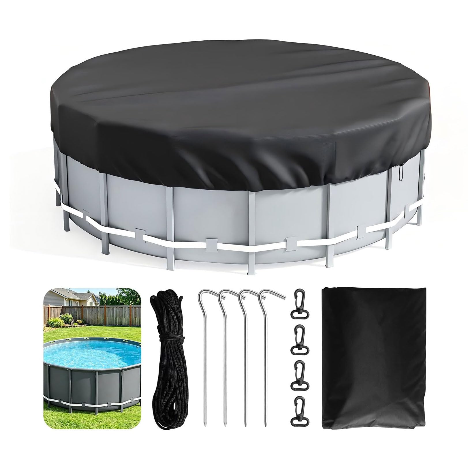 Copertura rotonda per piscina, 366 x 20 cm, per piscine fuori terra, con corda e chiodi a terra, telo Oxford aderente per protezione UV