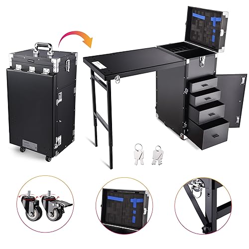 Miniatura 2 de BYOOTIQUE Nail Desk Estación móvil Rolling Maquillaje Tren Caja Trolley Manicura Cosmética Mesa Espejo, Negro+bolsa de maquillaje, Caso+bolso de