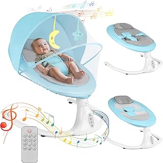 Electric Baby Swing Chair with Remote Control, Baby Bouncer Chair with 4 Speeds & 4 Timer & Bluetooth Music Player, Removable Seat Cushion for All Seasons (Blue)